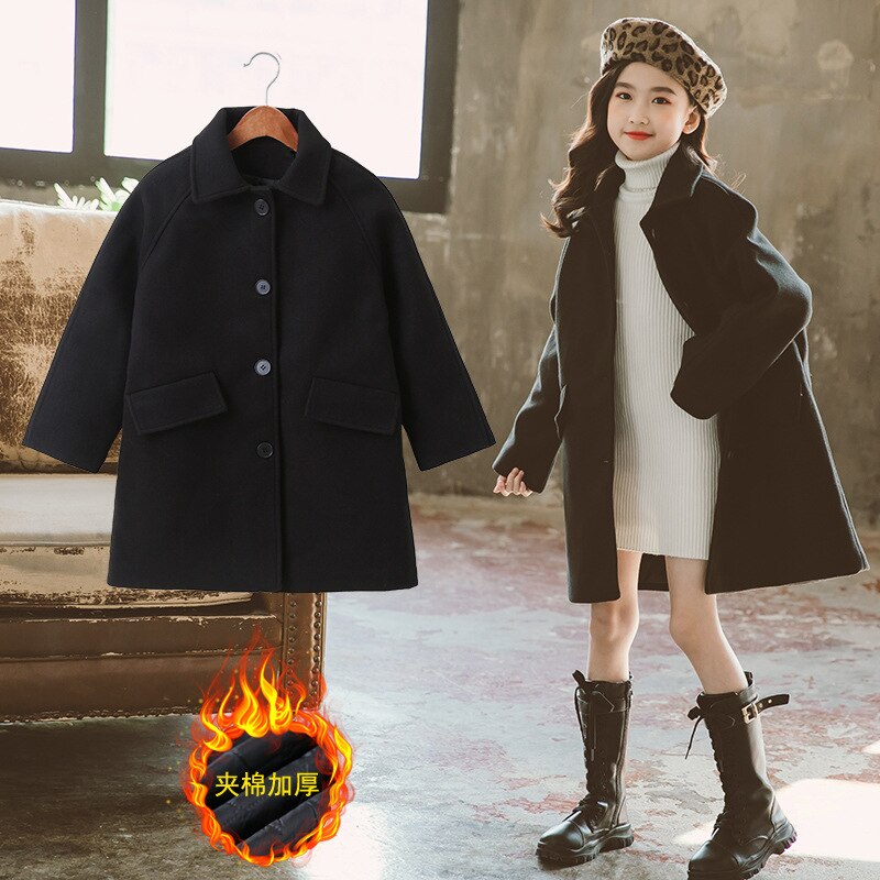 （全店2個購入で200円引き）ガールズウールコート2024新しい厚手のミドル丈の大きな子供たち子供に代わって韓国の冬のキルティング