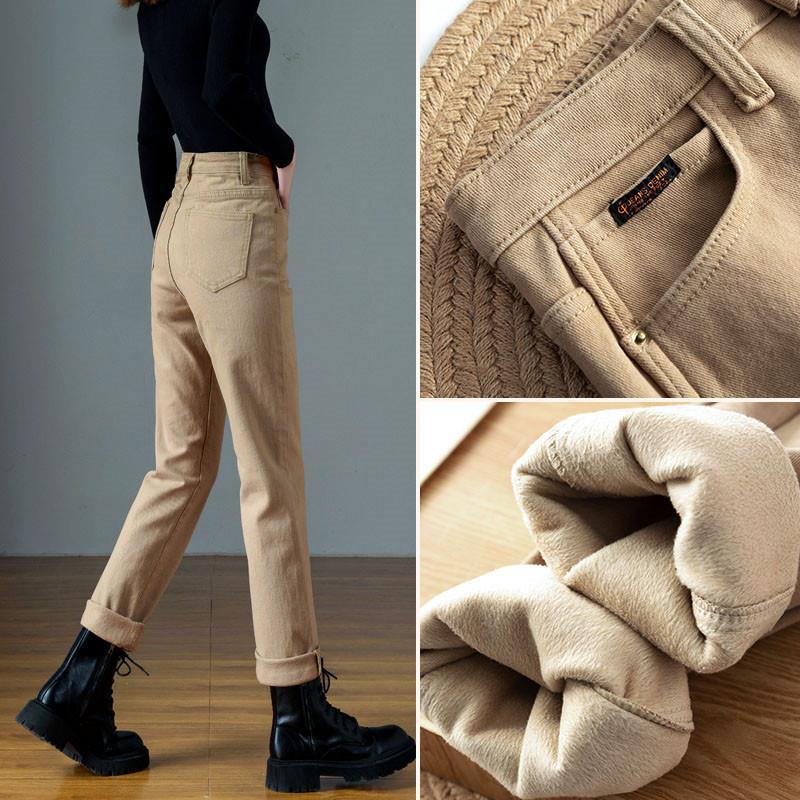 カーキベルベットジーンズレディース冬新作厚みのあるハイウエストスリム多目的ナローバージョンスリムストレートストレート配信