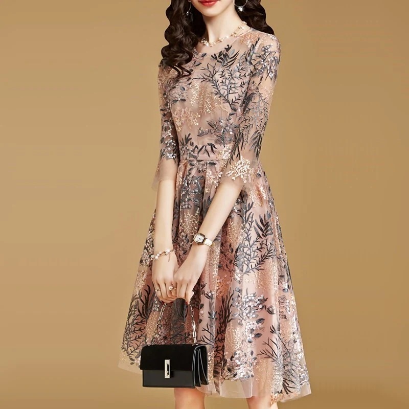 ワンピースドレス レディース 服 きれいめ 膝丈ワンピース 七分袖 花柄 レース刺繍ワンピース