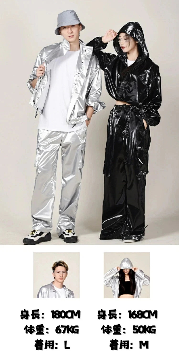 シルバー 銀にヒップホップ ダンス衣装 黒 セットアップ メンズ ジャケット カーゴパンツ レディース フード付ショートジャケット キッズダンス ストリート 演出服 かっこいい 無地 大