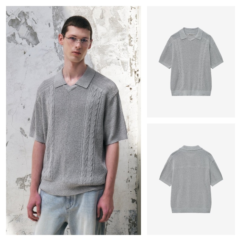 【INSILENCE】 OPEN COLLAR CABLE KNIT : LIGHT GREY