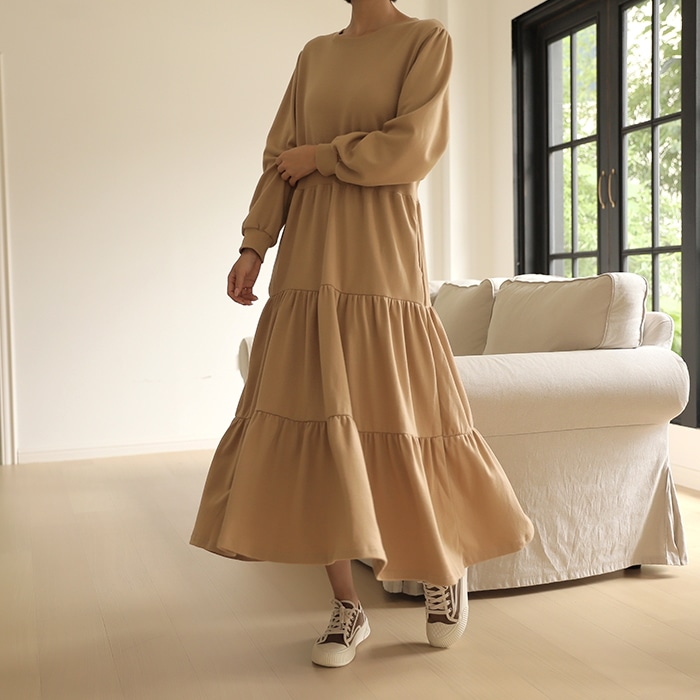 [韓国ファッション] 3段ティアードフリル コットンロングワンピース