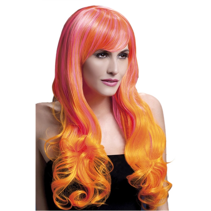 コスプレ 仮装 フィーバーエミリーウィッグ 71cm ロングソフトカール 2トーン ピンク＆オレンジ 【 コスプレ 衣装 ハロウィン パーティーグッズ かぶりもの ウィッグ かつら 髪の毛 ハロウィン