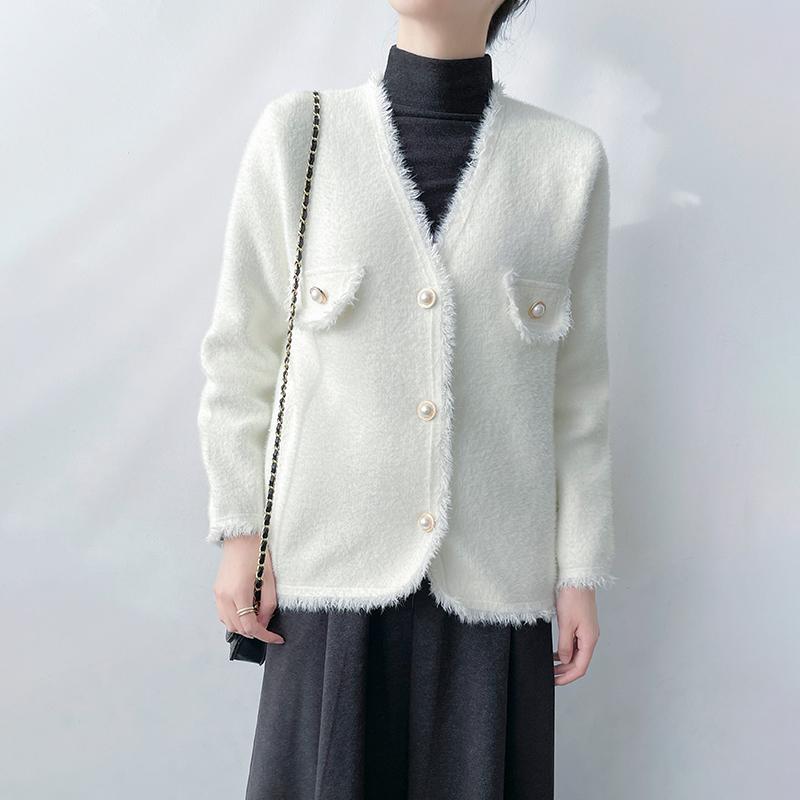 ジャケット 黒 白 モノトーン レディース 秋冬 Vネック カーディガン ニット フリンジ シンプル 上品 エレガント ファッション 大人