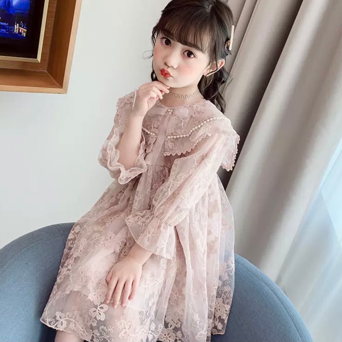 2色 子供服 110160 レース 刺繍 フレアドレス パフスリーブ 長袖 フリル 送料無料 ミディ丈 ワンピース リボン 子供 キッズコーデ キッズファッション キッズドレス キッズ 可愛い きれ