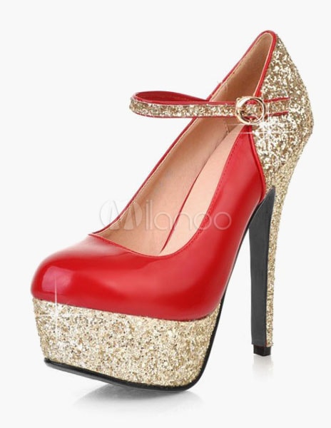 レッドスパンコールPUプラットフォームは女性用パンプス
