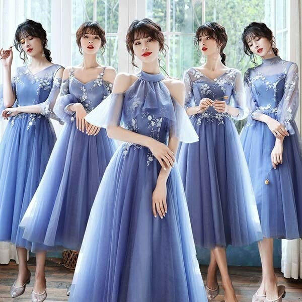 ブライズメイドドレスミモレ丈二次会小さいサイズ大きいサイズ結婚式体型カバー半袖フリル謝恩会二次会