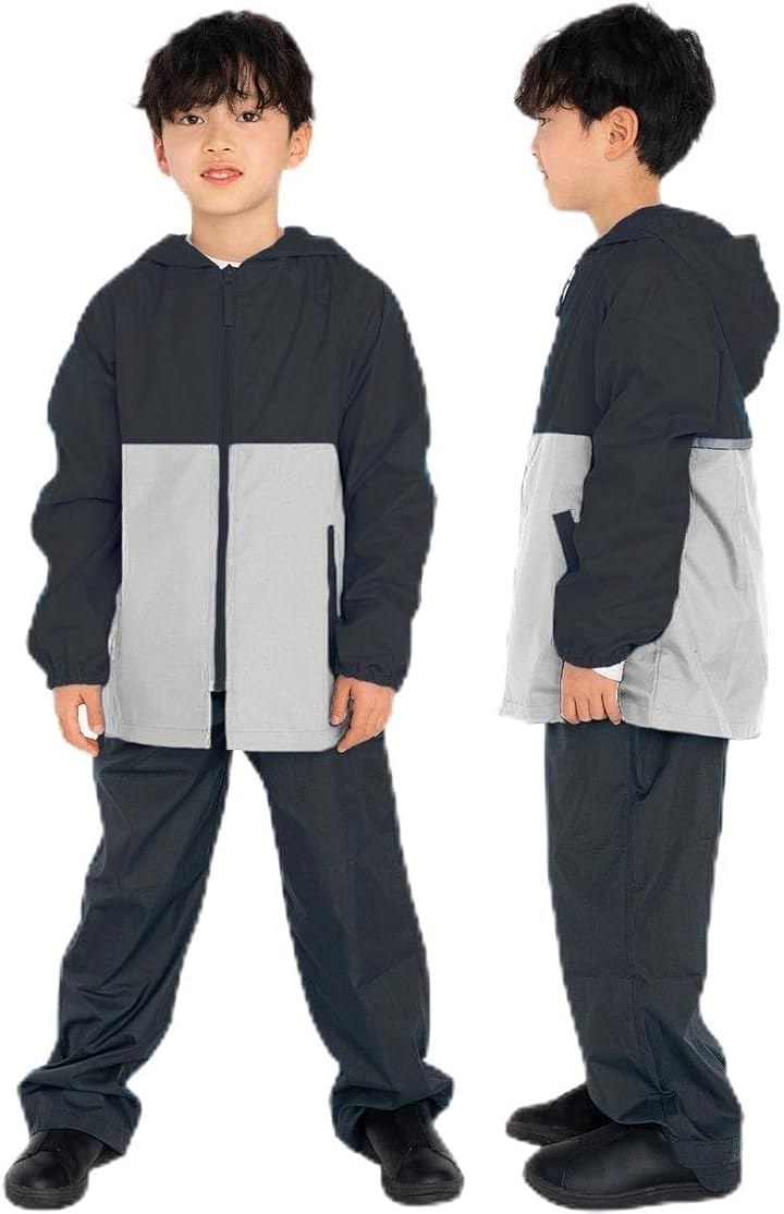 レインスーツ 上下 キッズ レインコート セット 雨具 子供 140 レインウェア コンパクト 林間学校 女の子 男の子 (ブラック/グレー, 160)