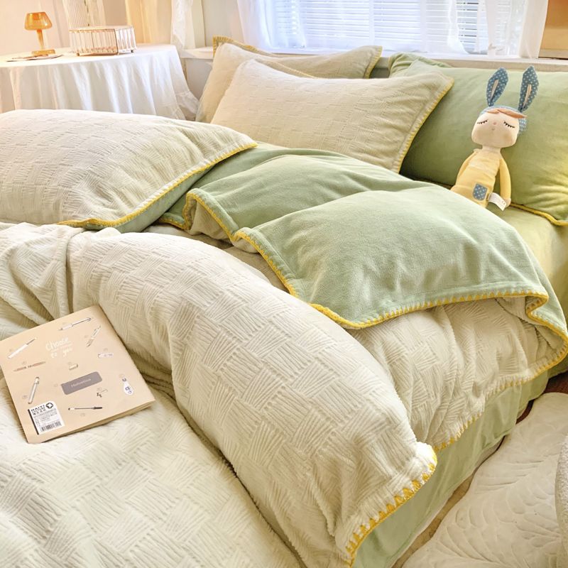 冬用ワッフルミルクベルベット4点セットコーラルベルベットフランネルシーツ掛け布団カバー増厚あったか3点セット30%制限
