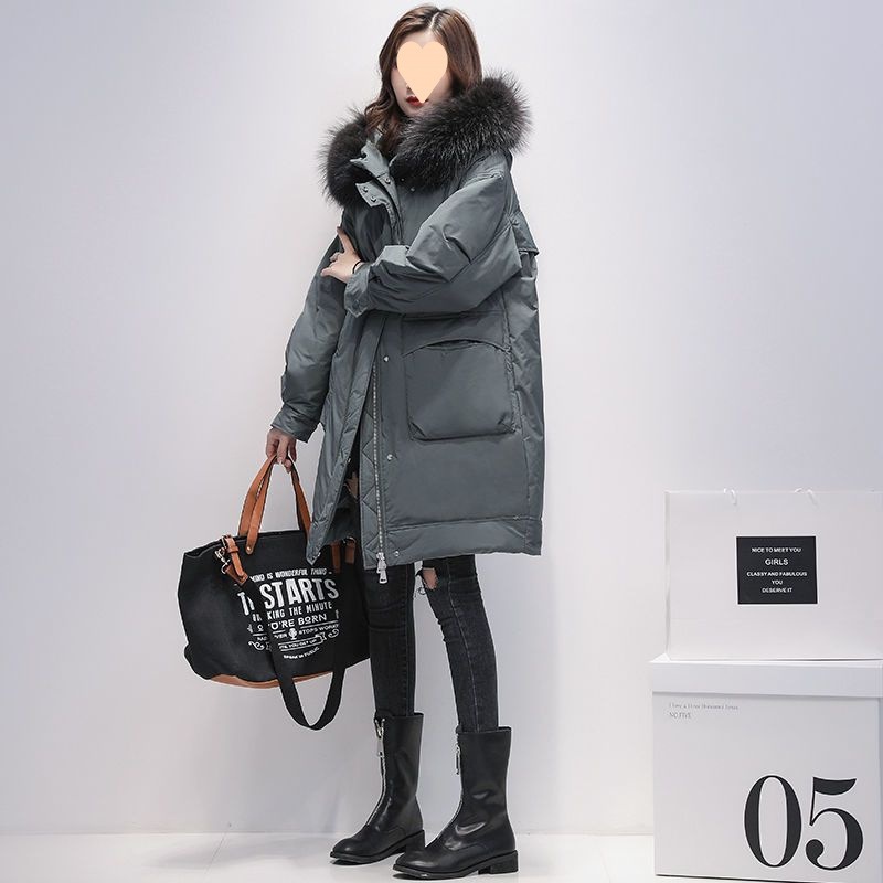 ダウンジャケット女中長レディース真毛襟小柄ファッション白カモフラコート