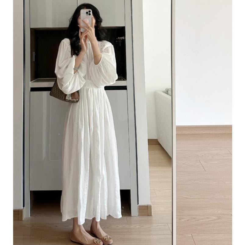 大人可愛い 40代 ワンピース 30代 パフスリーブ お出かけ レディース マキシワンピース 白ワンピース ゆったり 春夏 オシャレ結婚式ドレス 長袖ワンピース