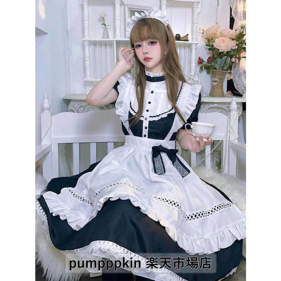 新作ハロウィングッズ 可愛い メイド服 コスプレ 衣装 ひざ下丈 ハロウィン 仮装 レディース 女性 半袖 大人 ウェイトレス メイド仮装 フルセット レースフリル ワンピース エプロン 2枚購入で3