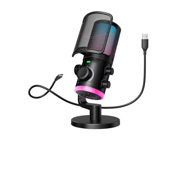 FIFINE USB コンデンサーマイク ゲーム/チャットラウティング PC用 ゲーミングマイク 単一指向性 RGB制御