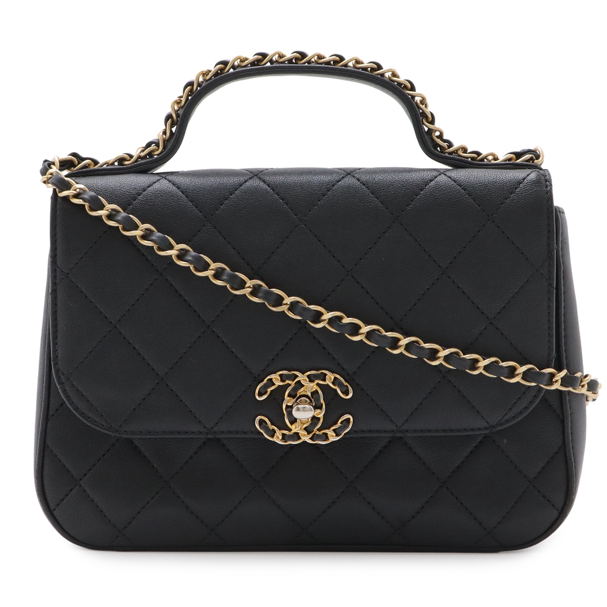 CHANEL19 マトラッセ トップハンドル ハンドバッグ 2WAY チェーンショルダー ショルダーバッグ レザー ブラック 黒 AS097