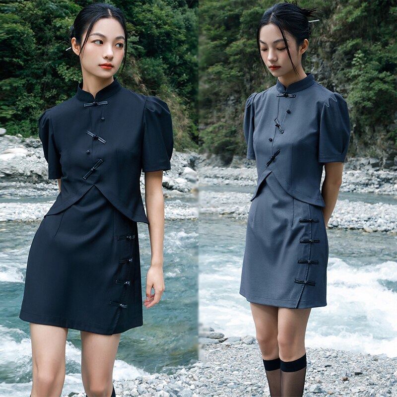 チャイナ風ワンピース ショート丈 半袖 重ね着風ワンピース 改良チャイナドレス 黒 グレー