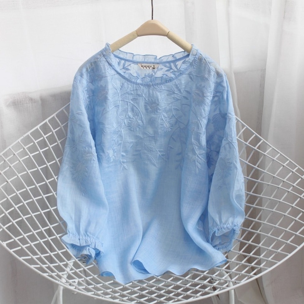ブラウス トップス シャツブラウス シャツ プルオーバーブラウス 花柄刺繍ブラウス ラウンドネック 7分袖 花柄 刺繍 シフォン バルーンスリーブ ワントーン レディース かわいい 大人可愛い