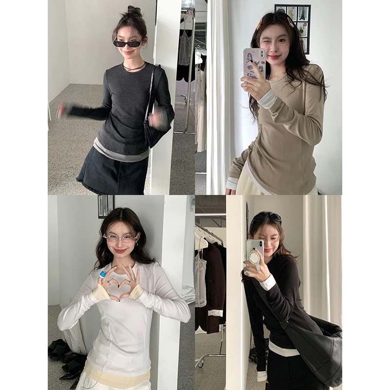 2024年秋にデザインされた女性用フェイクツーピースボトムシャツ韓国版痩身ラウンドネック長袖トップス