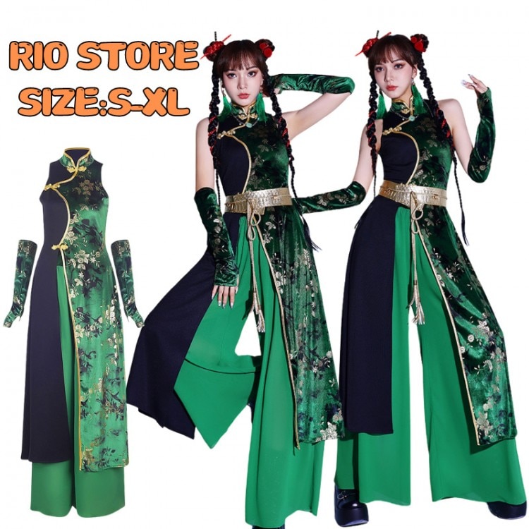 花柄 緑 ダンス衣装 セットアップ レディース 大人 チャイナ風 ヒップホップ ジャズ ワンピース パンツ 腕カバー かっこいい 中国風 k-pop 社交ダン ステージ衣装 アイドル 女子
