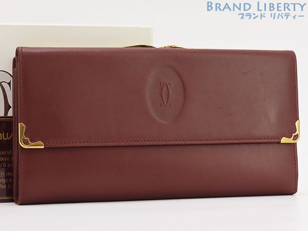 美品カルティエマストドゥカルティエ三つ折り長財布がま口財布ボルドーカーフレザーL3000002