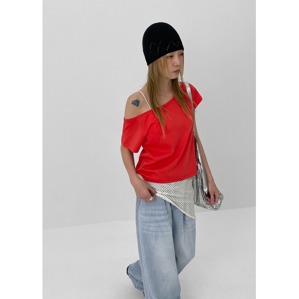 ブラックアップライメンオフショルダー半袖Tシャツ 4,774円