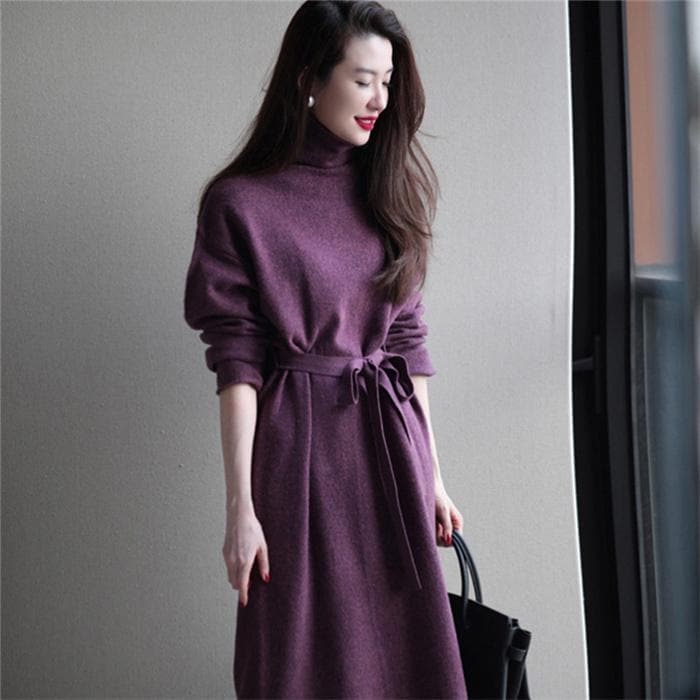 レディース春秋冬秋秋ワンピースニットワンピース長袖ハイネックベルト付き着回し着痩せ大きいサイズゆったりカジュアル通勤OL常着