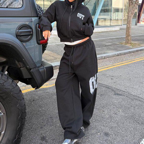 Hスタイル(SET)起毛アウトクラックフードジップアップセット 冬 女性 起毛 トレーニングウェアセット スウェットセット パンツセットアップ