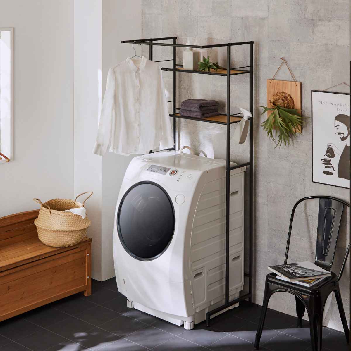 ランドリーラック 洗濯機ラック ハンガーバー付き 伸縮 ランドリー 収納 洗濯機 ラック 洗面所収納 ランドリー収納 棚 洗濯機棚 可動棚
