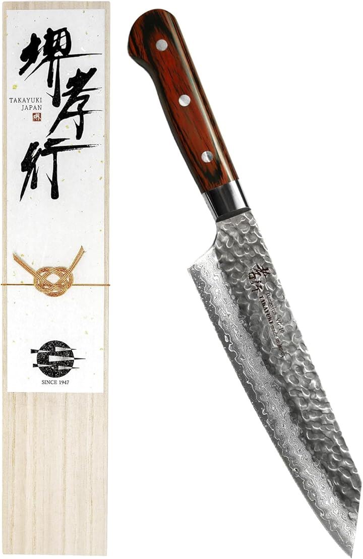 堺孝行 プロの料理人が愛用する包丁ブランド ダマスカス 剣型 牛刀 190mm V金10号 vg10 万能包丁 33層槌目 マホガニー柄( ダークブラウン, 剣型牛刀 190mm)
