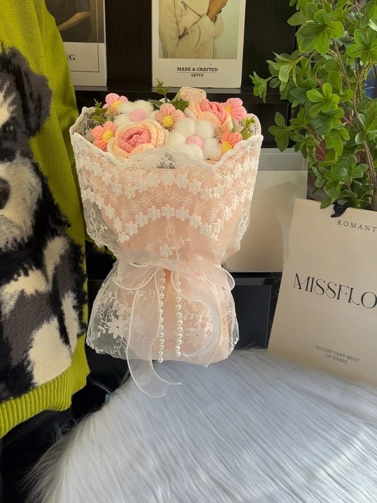 女性の日ギフトレースブーケりかぎ針編みバラとひまわりブーケ完成品女の子へのお土産 母の日