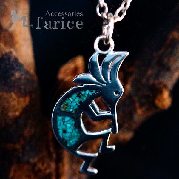 ココペリ(精霊)デザインプレート 天然石 ターコイズ チップインレイ装飾 メンズ インディアンジュエリー シルバー925 ペンダント ネックレス