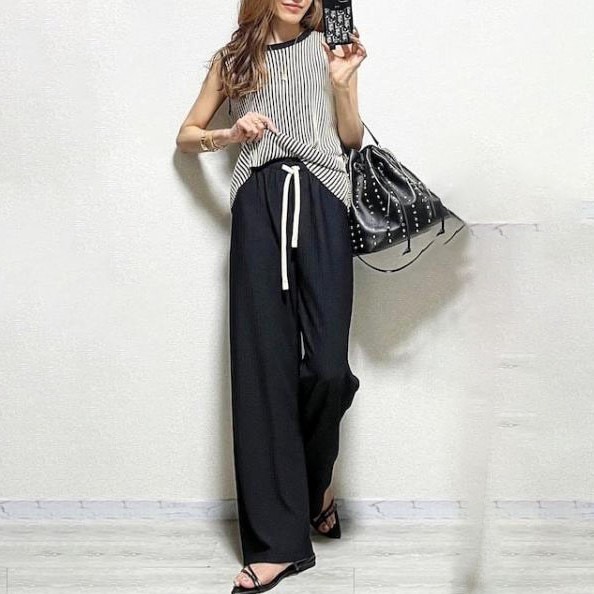 【SNSで話題沸騰】 ノースリーブニット＋ボウタイカジュアルパンツセット