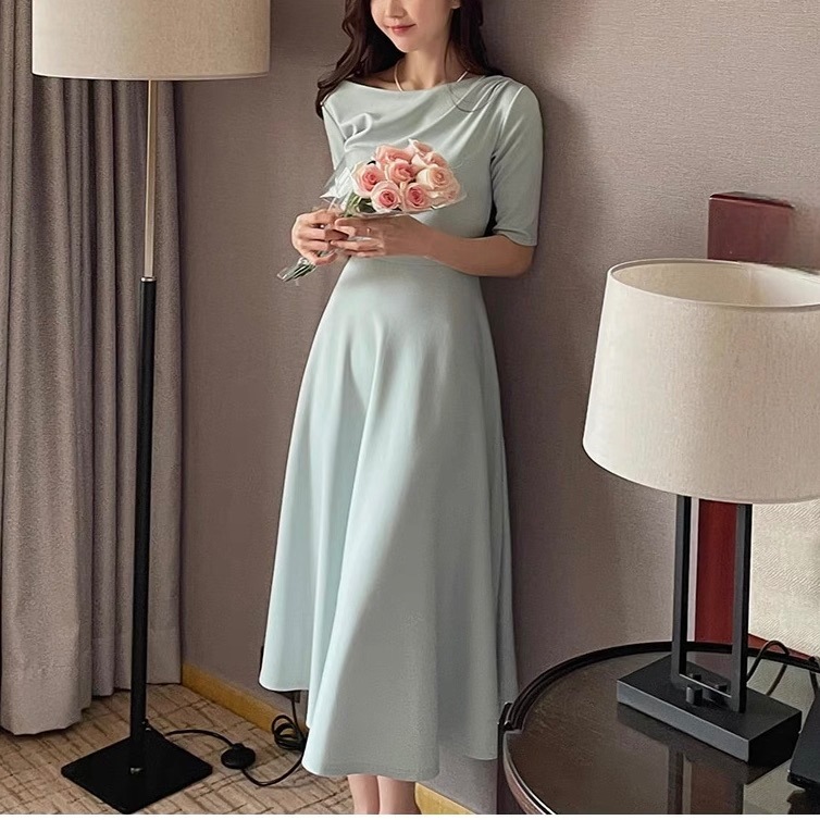 レディース ワンピース フレア ミモレ 5分袖 ボートネック Aライン フォーマル フェミニン ウエストマーク ハイウエスト かわいい 大人可愛い きれいめ シンプル 上品 おしゃれ こなれ感