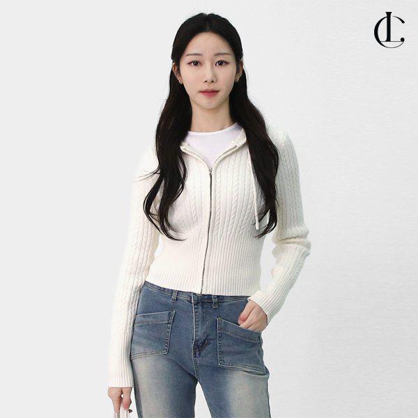 女性の春のカジュアルなケーブル編みスリムウエストラインケーブルクロップドフード付きニットジップアップLGDY002