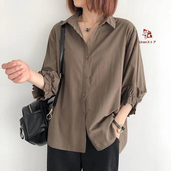 シャツ ブラウス レディース 七分袖 ボリューム袖 白シャツ トップス 大きいサイズ ゆったり 体型カバー カジュアル 前開き 春 夏 秋 大人可愛い おしゃれ ゆっ