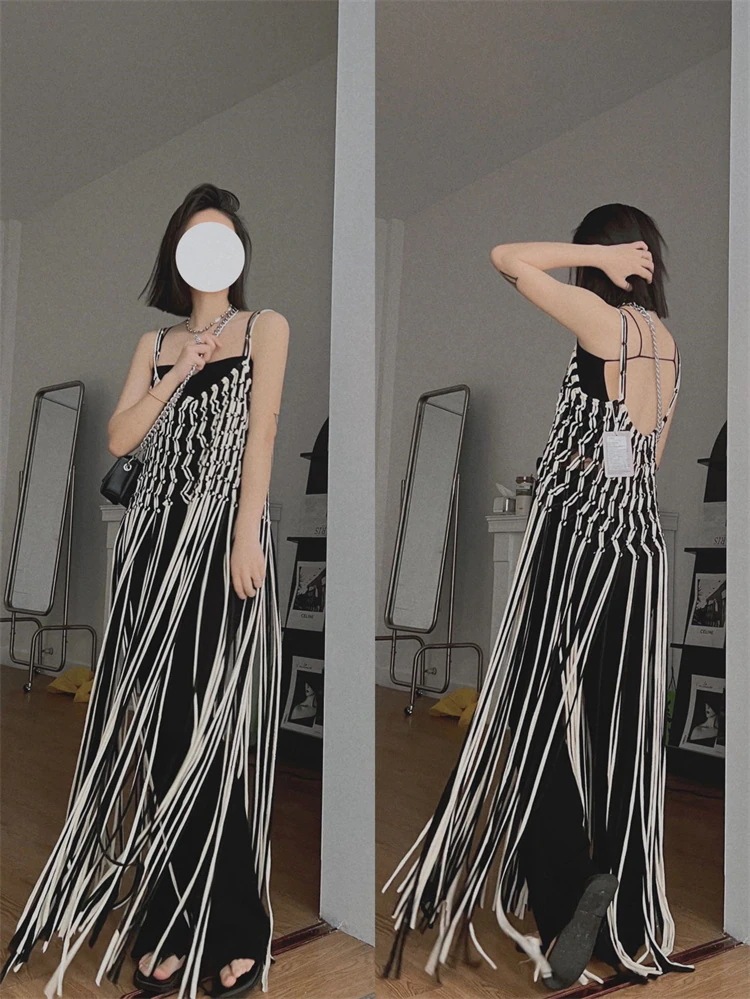 【1つ買うと10個無料】スタイル 自家製 り 気質 カットアウト 織り キャミワンピ デザインセンス ツートン タッセル ロングスカート スリム お出かけ