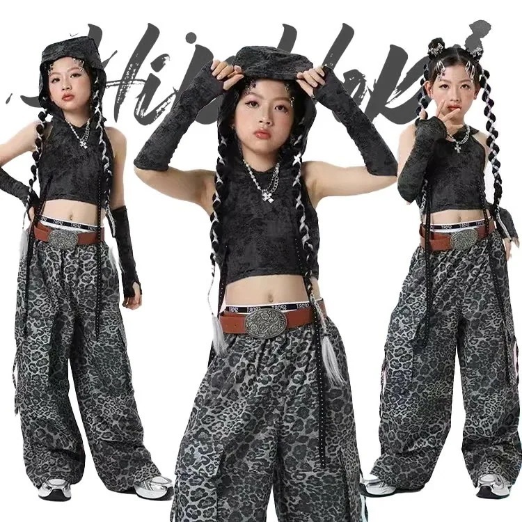 ダンス衣装 キッズ ジャズ 女の子 グレー ブラック 無袖 アームウォーマー 黒 ズボン ヒョウ柄 カーゴパンツ 子供服 ヒップホップ 応援団 団体服 ジュニア 個性 カッコイイ おしゃ