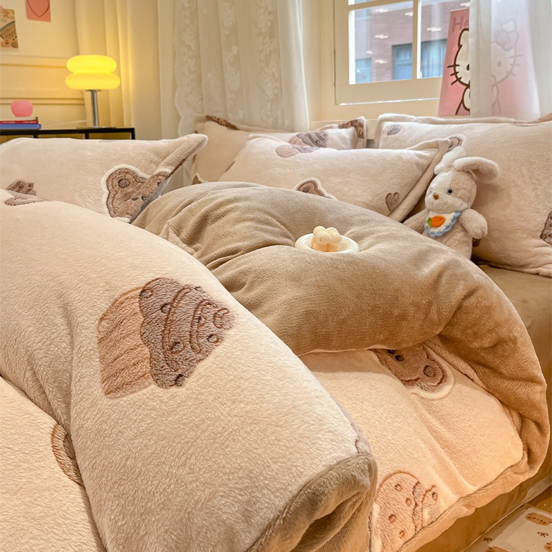 冬スノーフレークベルベット4ピースベビーベルベットプリンセススタイルキルトカバー厚みのあるコーラルベルベット子供用寝具女性用シーツ