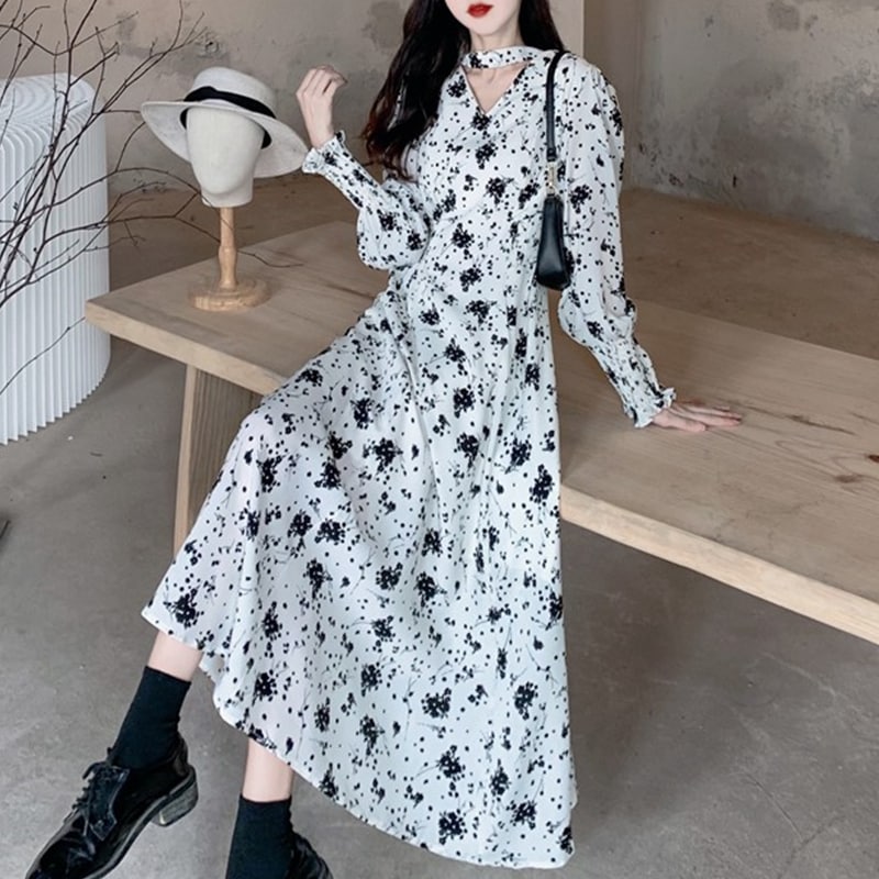 ワンピース ワンピドレス 膝下 袖あり 長袖 Vネック Aライン ハイウエスト かわいい きれいめ シンプル 大人 上品 おしゃれ 大人女子 こなれ感 ラブリー キュート エレガント 存在感 とろみ感