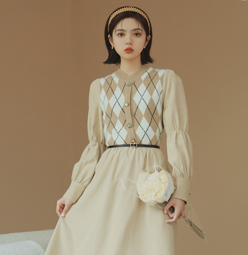 ワンピース ミモレ丈 袖あり 長袖 袖コンシャス ラウンドネック Aライン 切り替えデザイン ドッキング ベルト ハイウエスト カジュアル おしゃれ お洒落 レトロ 大人可愛い 個性的 無地 秋 冬