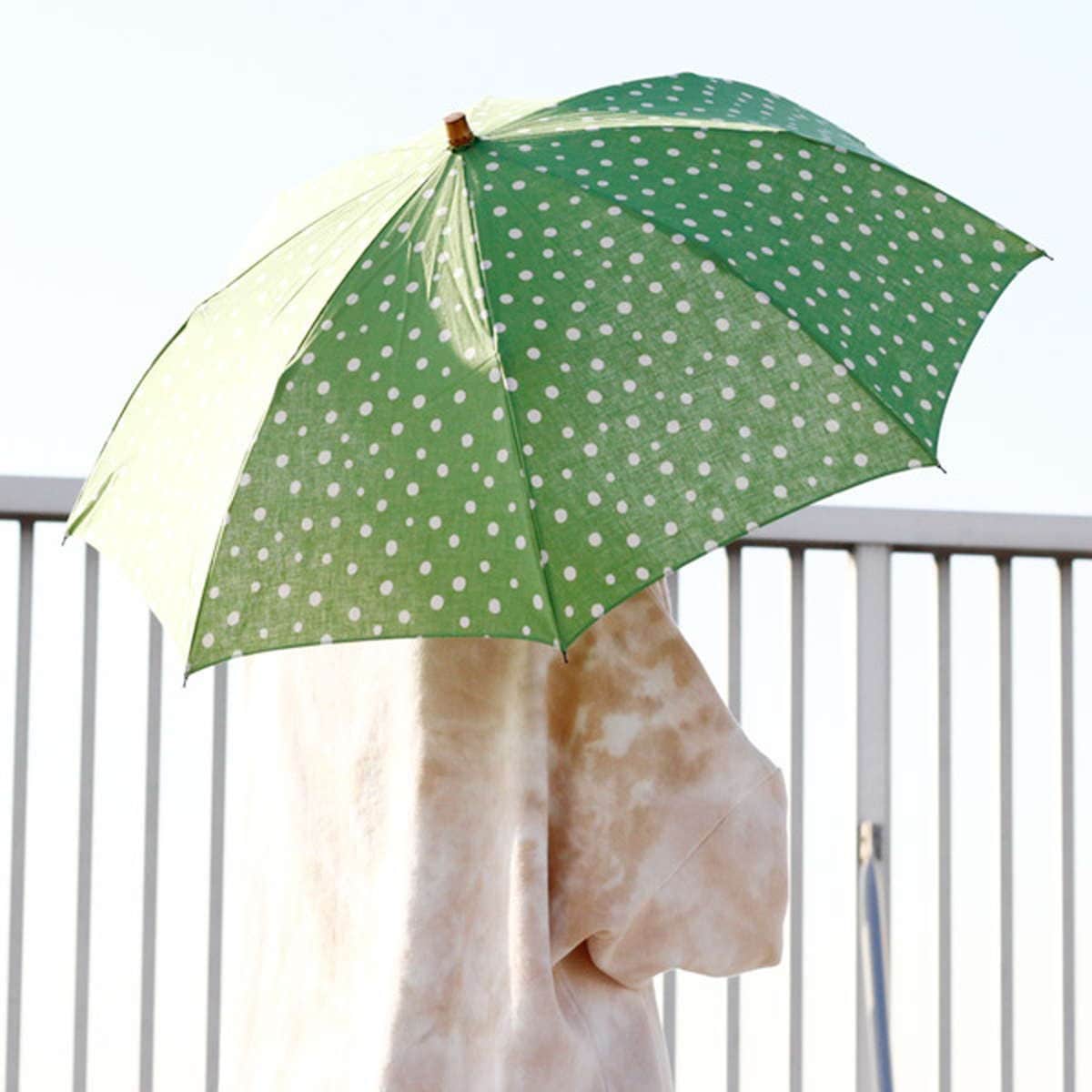 日傘 SUR MER 綿麻シーチング水玉 折りたたみ グリーン sur mer シュルメール 折りたたみ傘 傘 かさ レディース 綿 麻 水玉 UVカット おしゃれ 日本製 アンブレラ