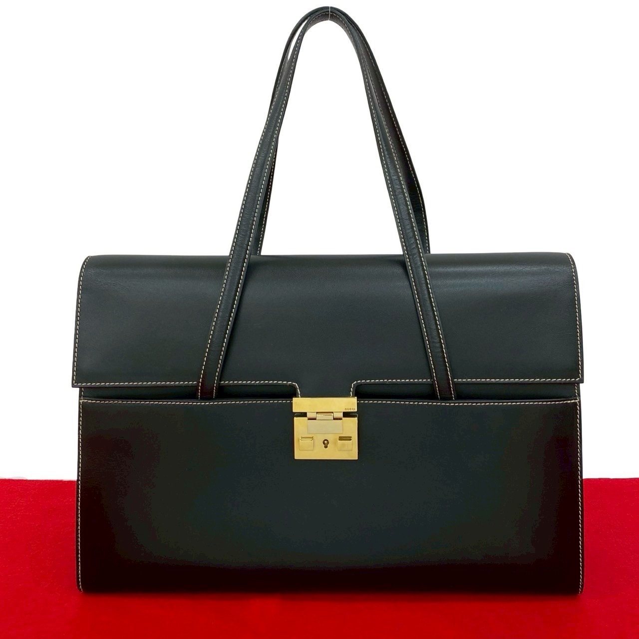 ヴィンテージ ロゴ 金具ハンドバッグ レザー ブラック 46147