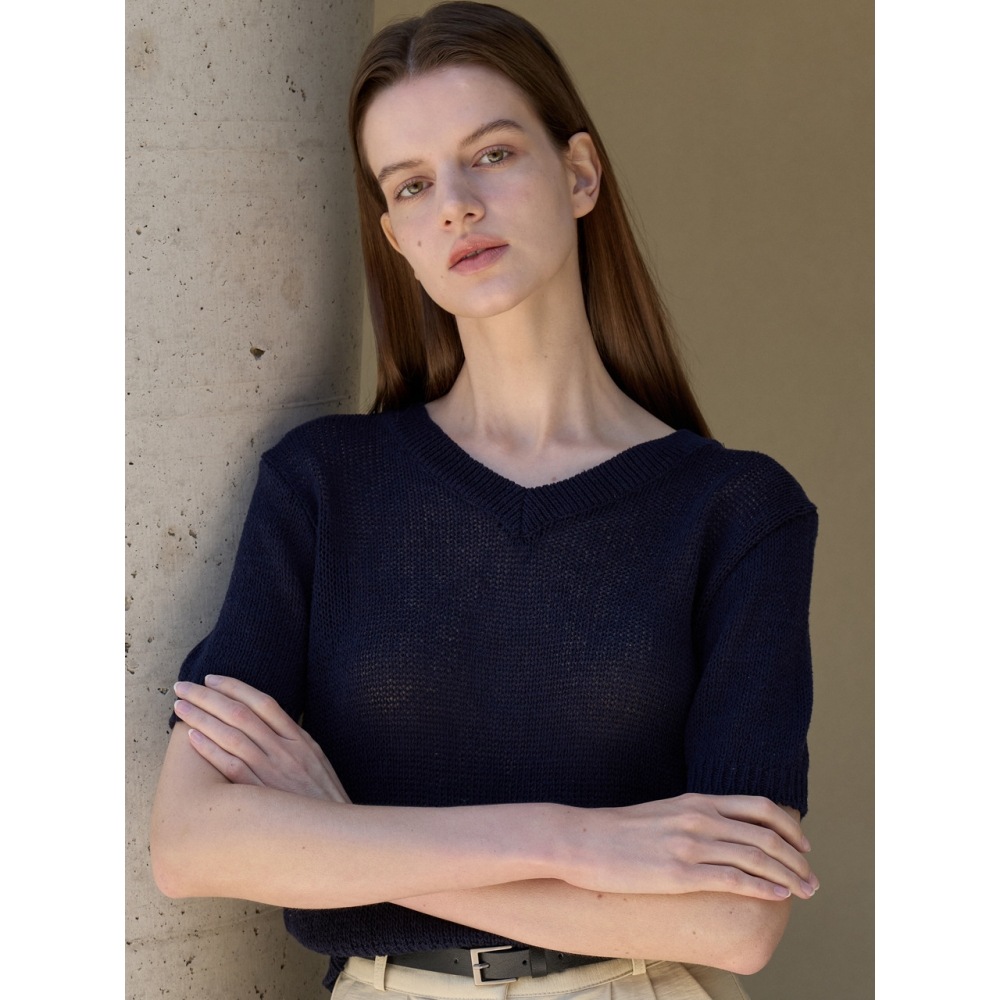 アムールモイエールコットン Vネックニットネイビー amr1871