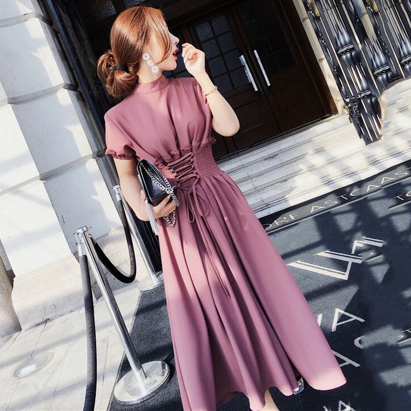 1446.レースアップロングワンピース（パープル）ハイウエスト ドレス 半袖 ロング丈 お呼ばれ ワンピース 2019 春夏 sale パーティー レストラン