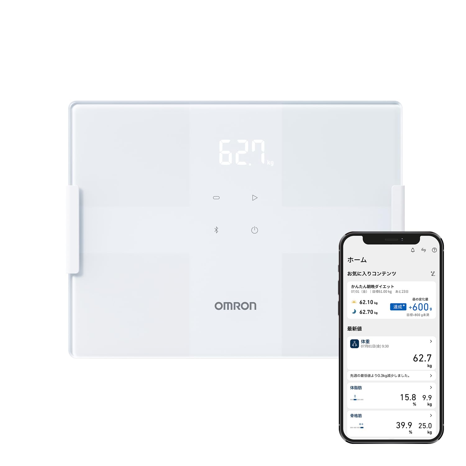オムロン 体重 体組成計 カラダスキャン ホワイト KRD-503T-W スマホ連動 データ自動転送 自動認識 乗るだけで測定開始 内臓脂肪レベル 体脂肪率 BMI 骨格筋率