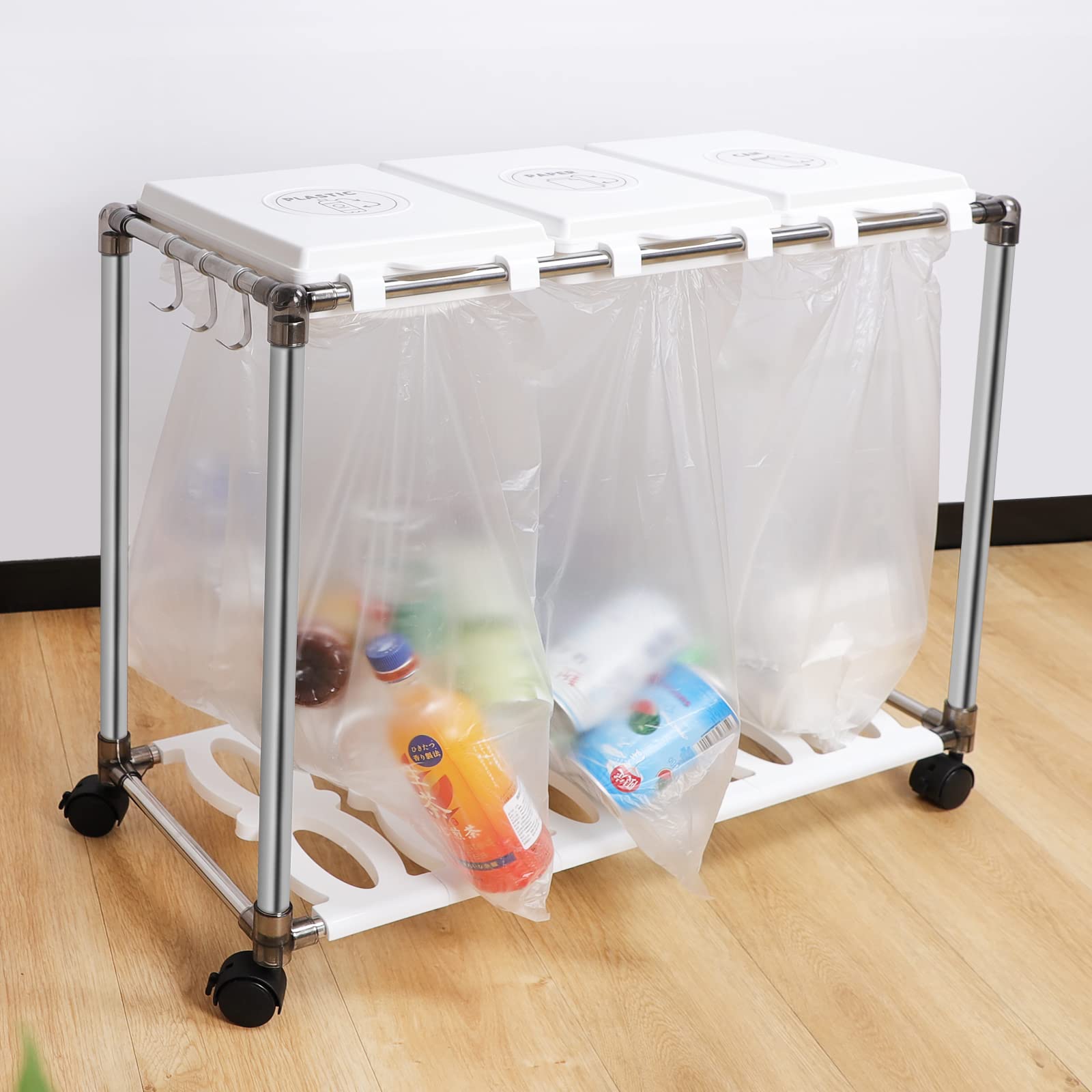 【30L×3分別】ゴミ袋ホルダー 分別 ゴミ箱 キャスター付き 20L～30L袋可 ごみ箱 ダストワゴン 蓋付き ゴミ袋スタンド スリム 縦開き おしゃれ ダストボックス レジ袋 ポリ袋 エコ ステン