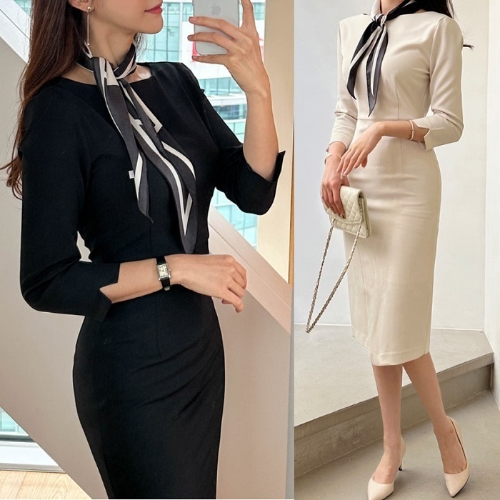 ワンピース 結婚式 袖あり 長袖 スカーフセット 卒業式 入学式 6,863円