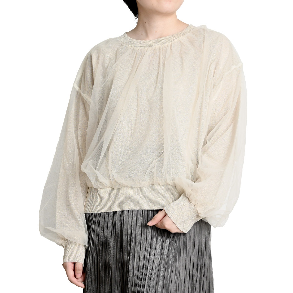 【1/25 10時発売】プルオーバー レディース 長袖 春ニット キラキラと透明感レイヤードプルオーバー トップス カットソー チュール レイヤード ラメ キラキラ 体型カバー トレンド 春 春服