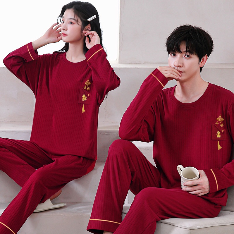 2025年秋の新作カップルパジャマ 新作ウェディングセット 長袖 純綿 赤 メンズ レディース ホームウェア