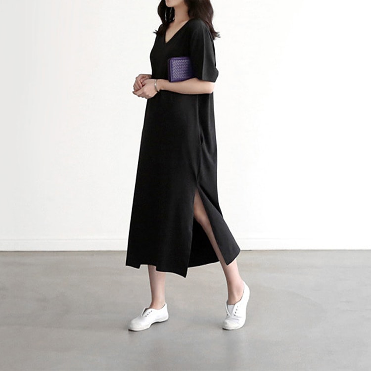ワンピース ロング ロング丈 袖あり 半袖 Vネック ストレート Iライン サイドスリット きれいめ シンプル カジュアル 大人 おしゃれ お洒落 かっこいい 大人女子 こなれ感 ラフ