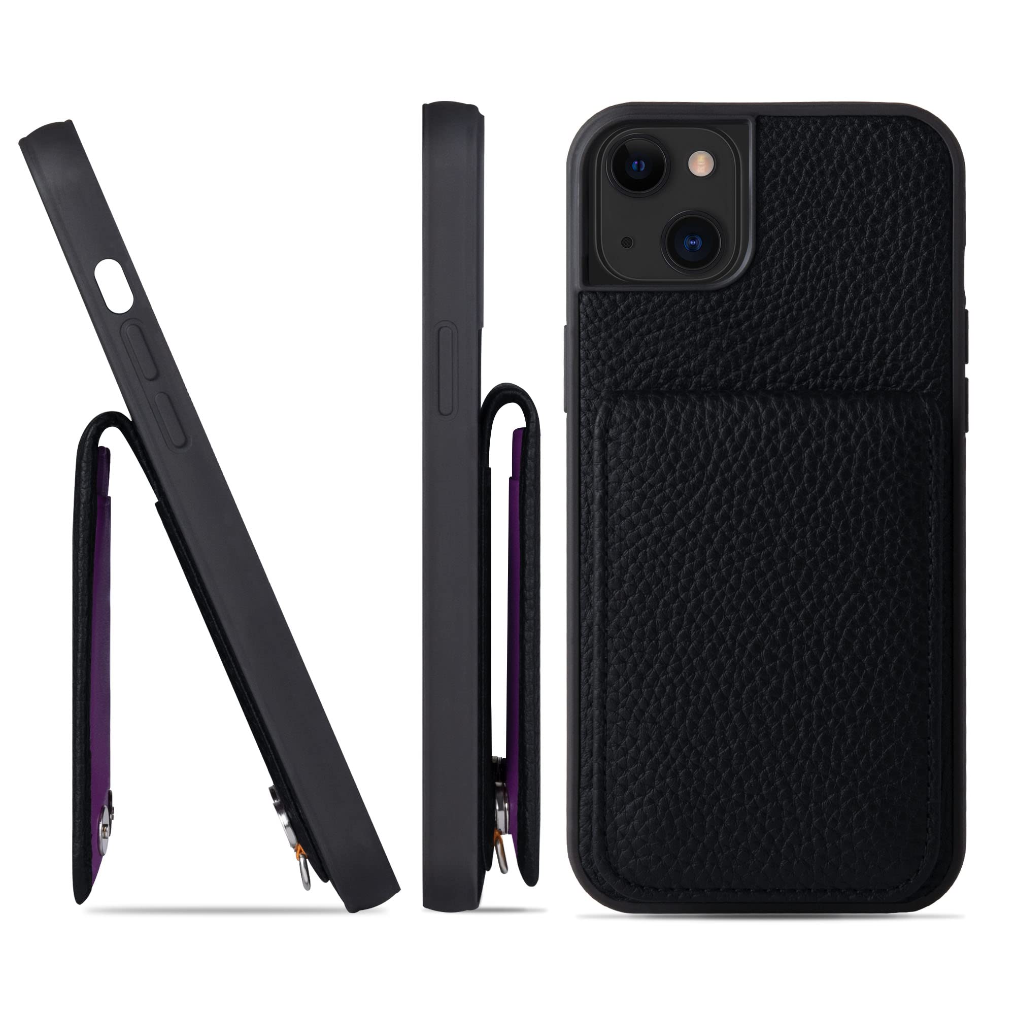 HANATORA for iPhone 15Plus ケース バンパー型 本革 スマホケース スマホ カードポケット スタンド ショルダーストラップ 付き シュリンクカーフレザー ギフト ブラック S
